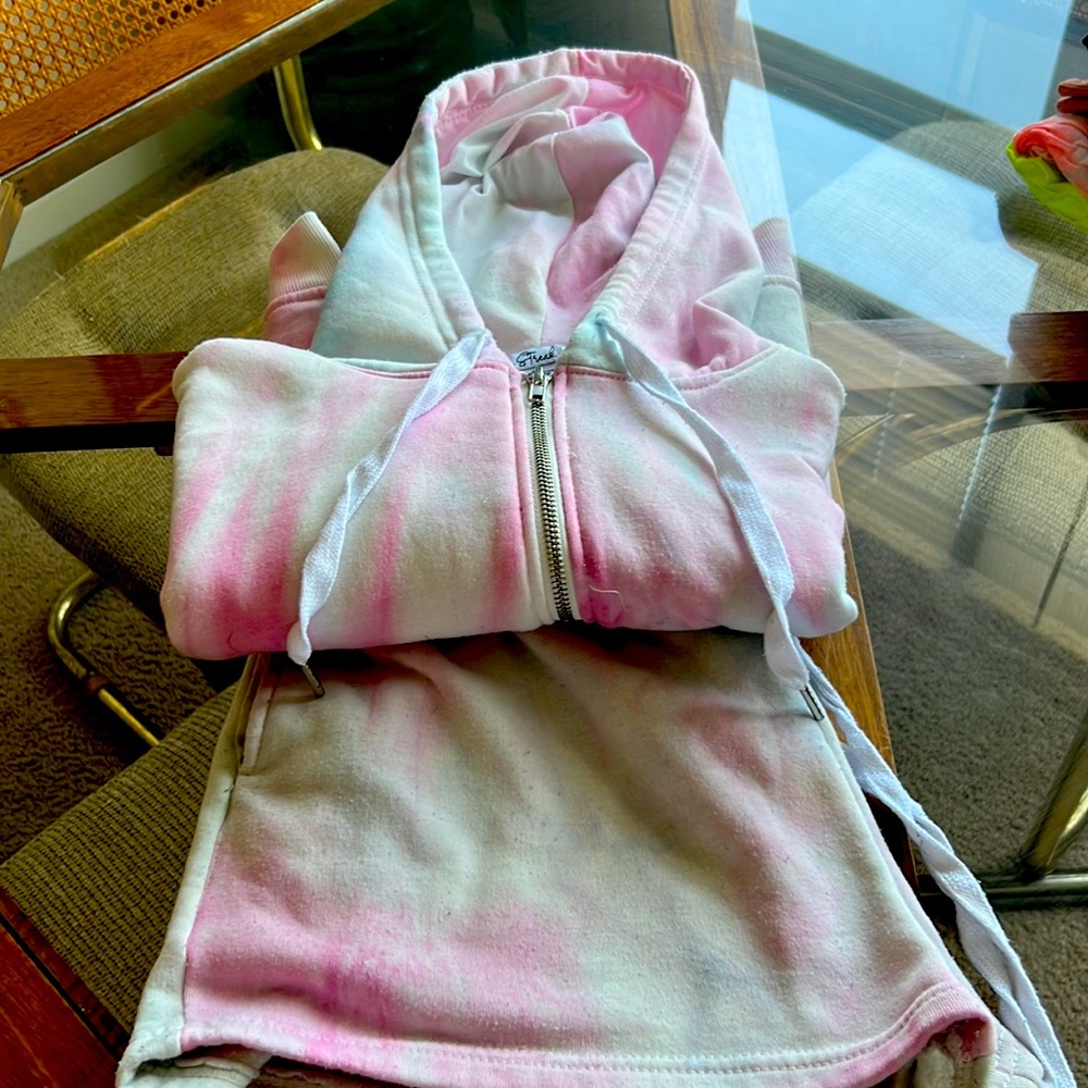 Multi colored hooded jacket and short set